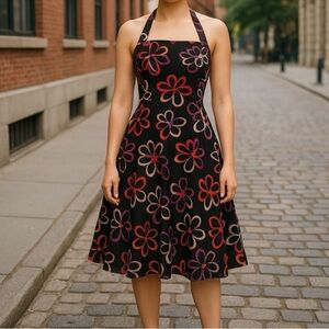 Halter Floral A-Line Dress in Black with Red & Purple Flowers